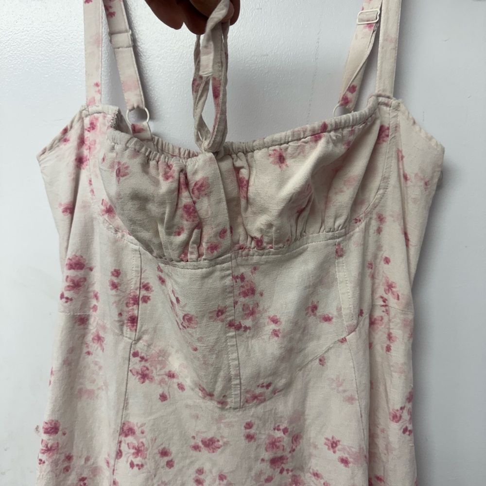 Sim & Sam Ivory Pink Floral Milkmaid Maxi Dress XL Linen Blend Corset Tie X - Picture 8 of 14